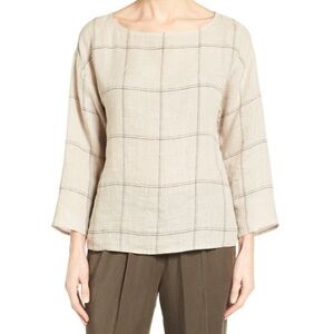 EILEEN FISHER Rustic Woven Linen Windowpane Blouse Neutral Size Petite 2P 4P